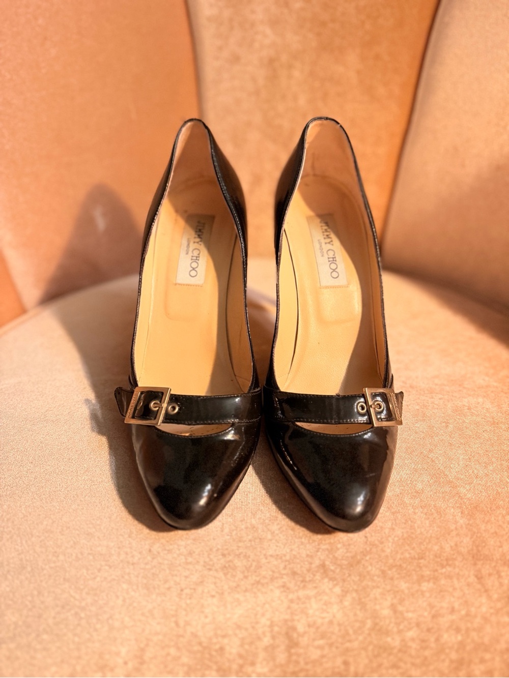 Jimmy Choo Black Patent Leather Buckle Pointed Pumps